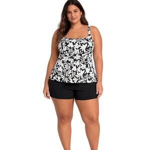 Lands' End Sun Shade Scoop Neck Flutter Tankini Top Adjustable Black Floral 3X